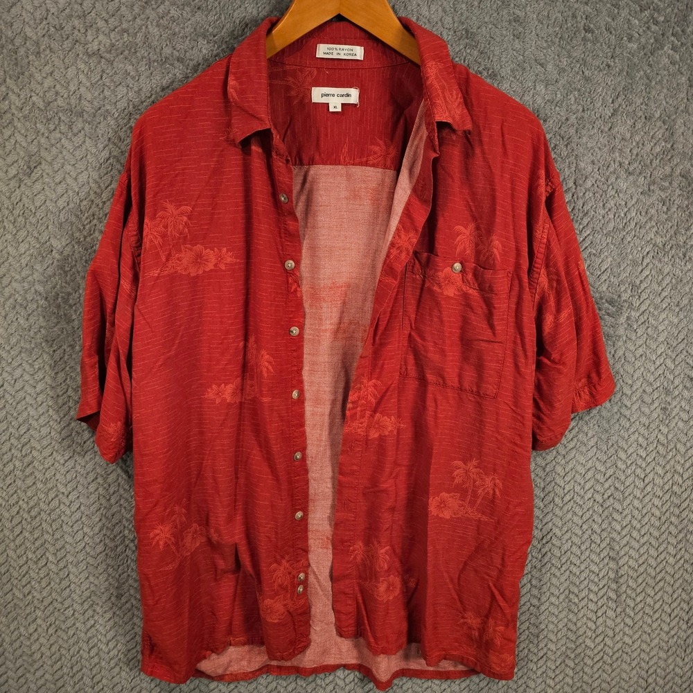 Pierre Cardin Men XL Red Tropical Palm Tree Rayon Short Sleeve Button Down Shirt